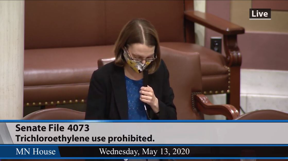 Rep. Ami Wazlawik (DFL-White Bear Township), who sponsors HF3376/SF4073*, answers a question about the bill during the May 13 floor session. (Screencap via HTV1)